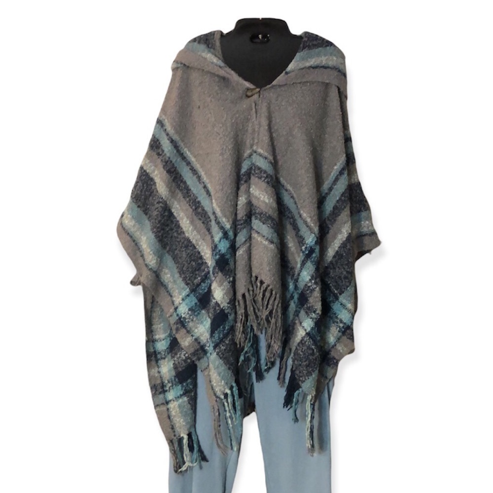 Ruana Poncho Hoodie Soft & Cozy Toggle Front Aqua Grey Navy​​​​
